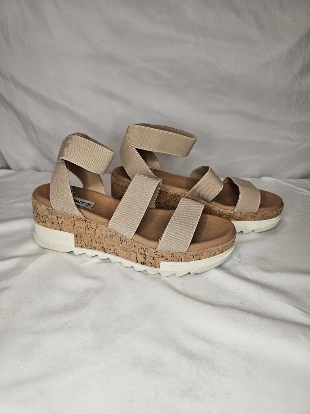 Steve Madden Neutral Beige Elastic Strap Platform Sandals - Picture 2 of 4